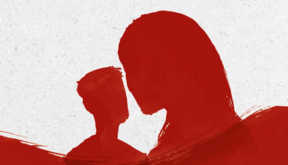Deux silhouettes rouges de visages, l'une masculine, l'autre féminine, sur une vague rouge.