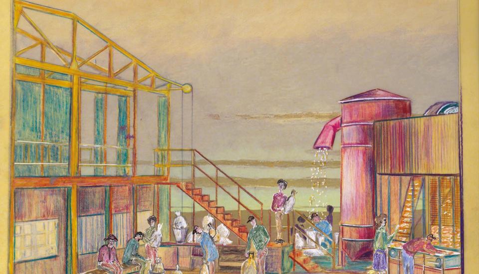 Illustration de L'Élixir d'amour, présentant un décor agricole : ferme, silo à grains et ouvriers