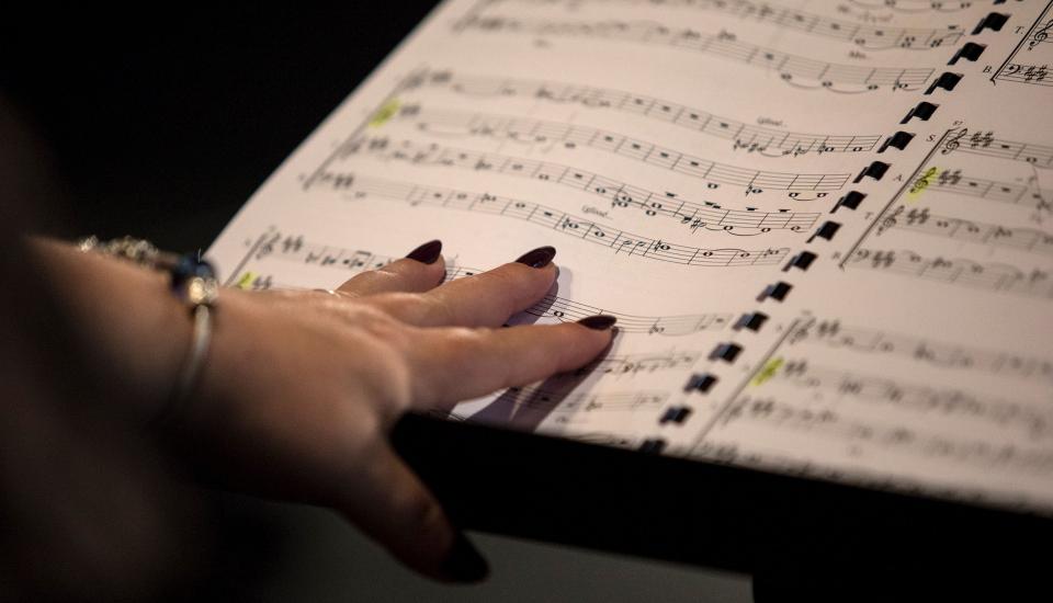 Une main de femme se pose sur une partition de musique