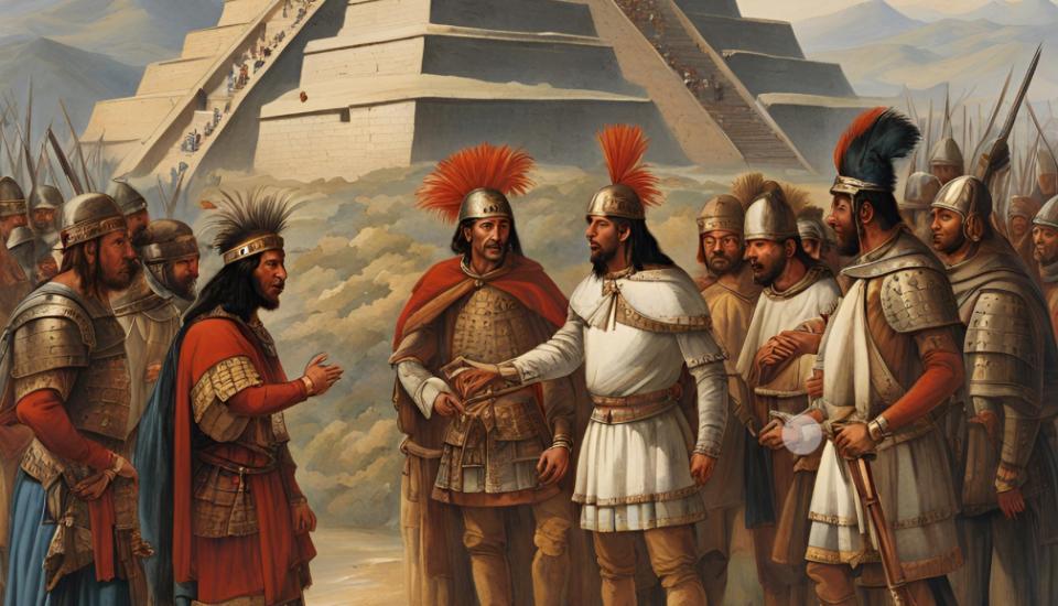 empereur inca un empereur inca passe un accord avec les conquistadors espagnols devant une pyramide
