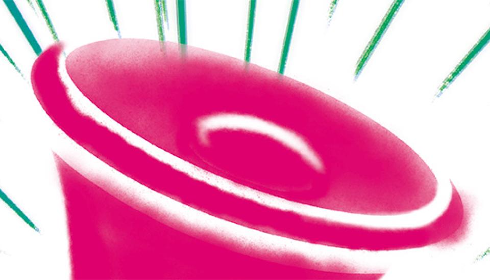 Détail d'un mégaphone magenta et traits verts symbolisant le son