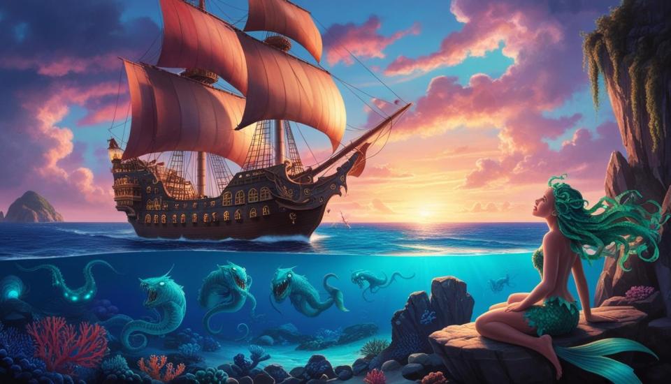 au choeur de l'océan image sur l'océan un navire à voile de flibustier, sous l'eau dans les profondeurs des monstres marins, une sirène sur un rocher observe le soleil couchant