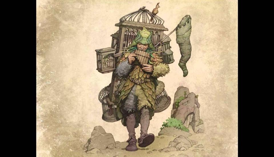 Oiseleur un homme transportant une grande cage en bois, souffle dans une flute de pan. il attire les oiseaux