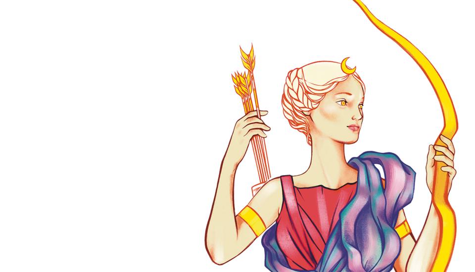 Dessin de la déesse de la chasse Diane portant une main à son carquois situé dans le dos pour la placer sur son arc