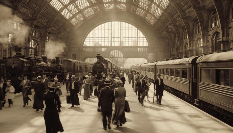 des passants et des employés de gare dans une gare parisienne au XIXeme siècle, avec un grand dôme, des trains. Le tout en noir et blanc comme sur une vieille photographie