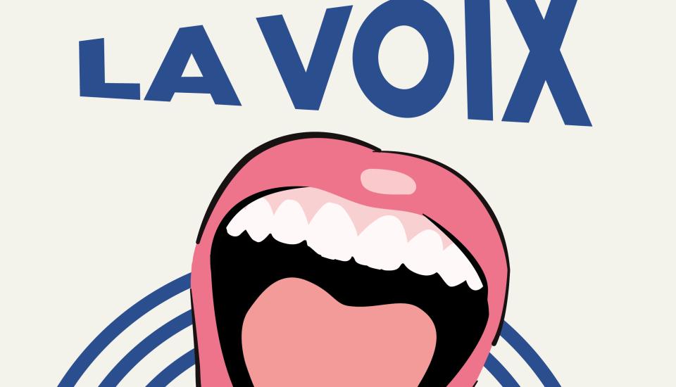 Une bouche dessinée, surmontée du titre "La Voix" avec en fond des cercles concentriques