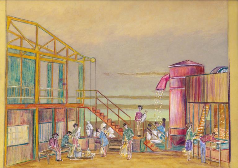 Illustration de L'Élixir d'amour, présentant un décor agricole : ferme, silo à grains et ouvriers