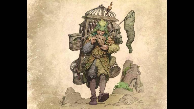 un homme transportant une grande cage en bois, souffle dans une flute de pan. il attire les oiseaux