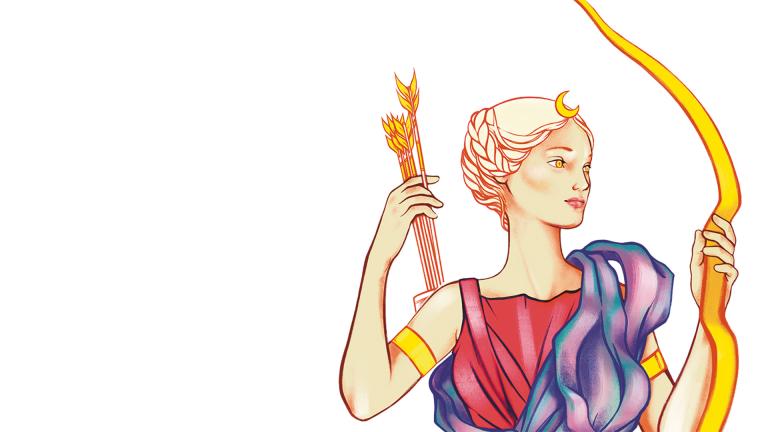 Dessin de la déesse de la chasse Diane portant une main à son carquois situé dans le dos pour la placer sur son arc