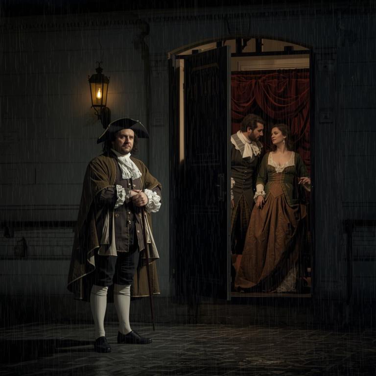 un homme du XVIIIe siècle attend dehors, la nuit, sous la pluie, avec une lanterne au dessus de lui. la porte est ouverte et on voit Don Juan séduire une femme à l'intérieur du bâtiment.